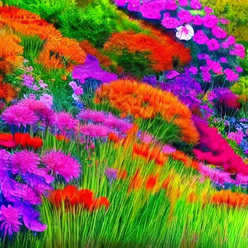 Image similar to nature background, many flowers with stunning colors, high quality art,