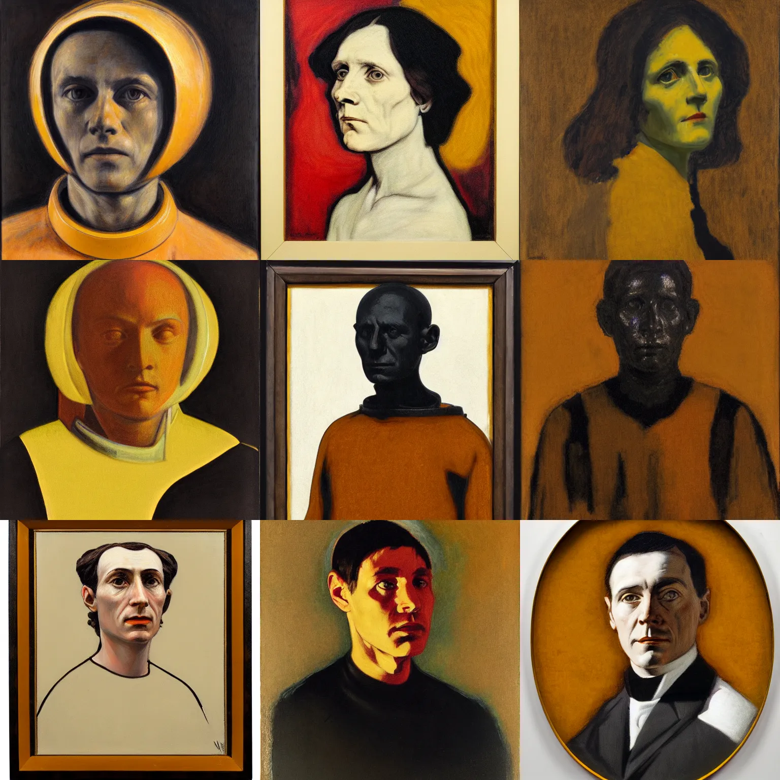 Prompt: portrait in the style of martian realism ( 1 9 1 1 ), yellow ochre, ( ivory black ), vermillion, and titanium white