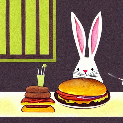 Prompt: a rabbit cooking a cheeseburger inside a small cozy kitchen, watercolour