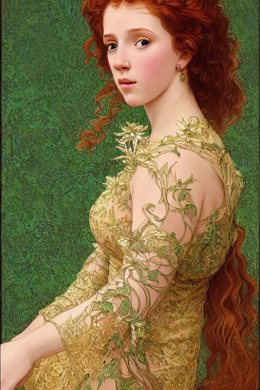 Image similar to intricate art nouveau oil painting of redheaded young millie bobby brown with long hair blowing in the wind, wearing an intricate green lace dress, highly detailed, intricate golden symmetric pattern background, elegant, digital painting, smooth, sharp focus, illustration, ultra realistic, 8 k, by bouguereau, alphonse mucha, artgerm, and donato giancola