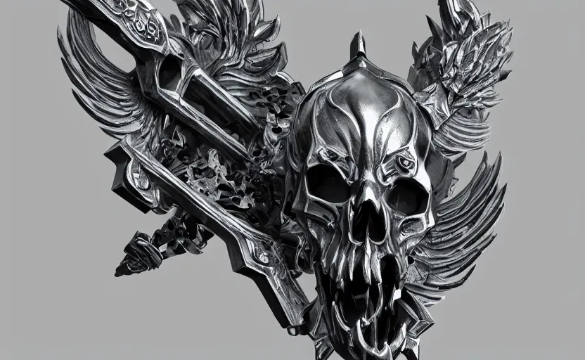 Image similar to a black and silver sword skull crest, orthographic, ornament, weapon, a 2 d render by dom qwek, front side, concept art, trending on polycount, artstation, hard surface modeling, rendered in maya, zbrush, hd, vray, blizzard, symmetry