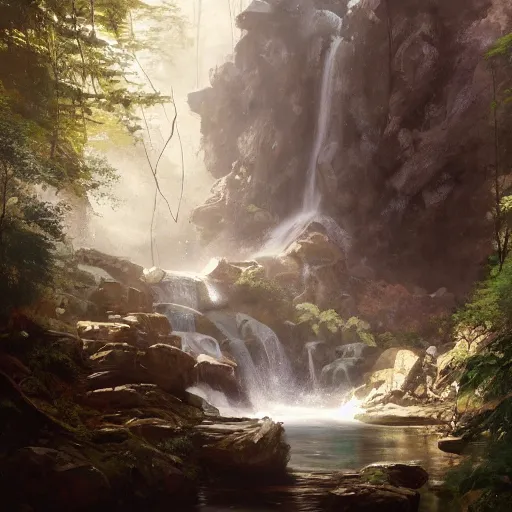 Prompt: Gargantuan stone robot resting under a waterfall inside a forest, oil painting, by Greg Rutkowski