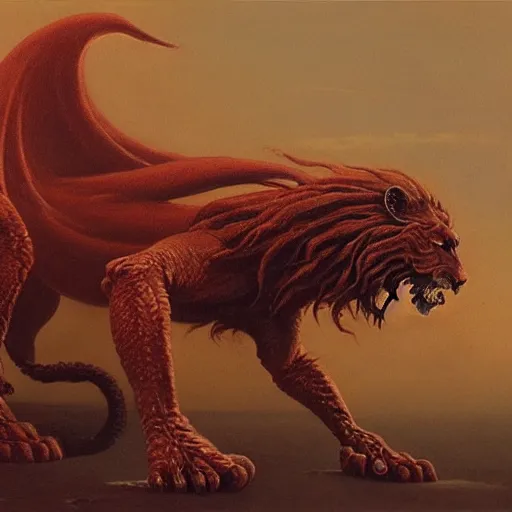 Image similar to manticore concept, lion body, scorpion tail, beksinski
