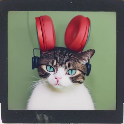 Image similar to a polaroid photo of a cat wearing headphones