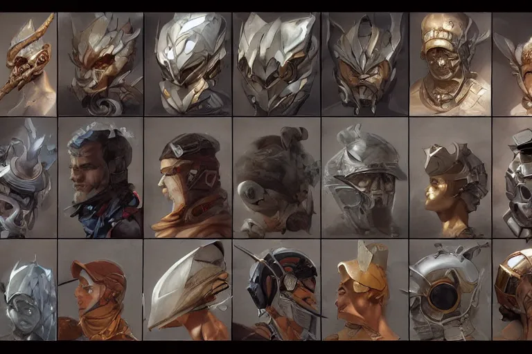 Image similar to 4x3 item concept art grid of legendary loot headgear by artgerm and Craig Mullins, James Jean, Andrey Ryabovichev, Mark Simonetti and Peter Morbacher 16k