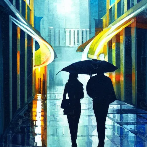 Prompt: evening modern high tech city scene with young woman with umbrella. beautiful use of light and shadow to create a sense of depth and movement. using energetic brushwork and a limited color palette, providing a distinctive look and expressive quality in a rhythmic composition