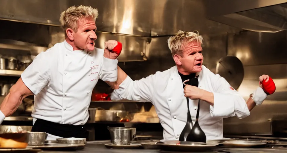 Image similar to photo of angry furious Gordon Ramsay punching Gordon Ramsay at the kitchen