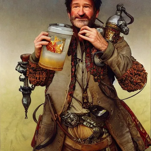 Image similar to an ultradetailed portrait of robin williams dressed as an alchemist, brewing potions in a workshop, d & d, fantasy, intricate, elegant, highly detailed, digital painting, matte, sharp focus, illustration, art by john collier and albert aublet and krenz cushart and artem demura and alphonse mucha