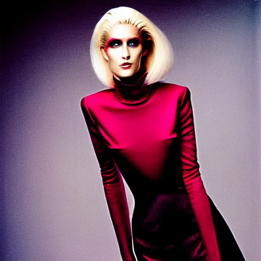 Prompt: photograph by annie leibovitz of robotic blonde female wearing designer clothes