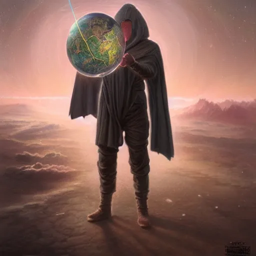 Image similar to masked nomad male wearing a cloak on an alien world and holding a holographic planet projection in his hand, detailed, sci - fi, digital painting, artstation, sharp focus, illustration, ominous, artgerm, tomasz alen kopera, peter mohrbacher, donato giancola, joseph christian leyendecker, wlop, frank frazetta