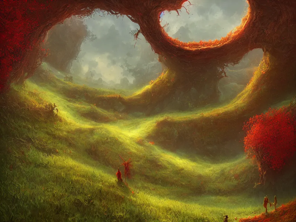 Image similar to Intricate detailed lush ravine with an isolated red barn next to a wheat crop at noon. Wide angle shot, surreal, dreamlike, fantasy, Artstation, Randy Vargas, Anato Finnstark, Bayard Wu, Marc Simonetti.