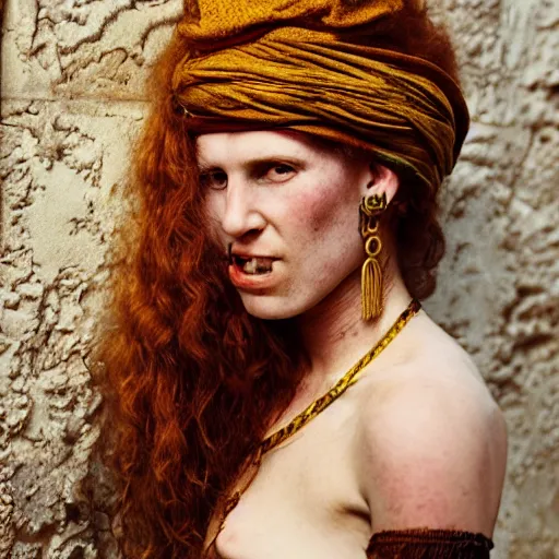 Prompt: Beautiful 16th Century Barbary Coast pirate Woman with Ginger hair and Golden hooped earrings photography by Steve McCurry