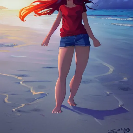 Image similar to lois van baarle, artgerm, helen huang, by makoto shinkai and ilya kuvshino, rossdraws, illustration, art by ilya kuyshuno. cute scarlet red haired cybertronic woman, steel gray body, denim shorts, at beach at sunset, beautiful face, smile, elegant, exaggerated proportions, looking at camera