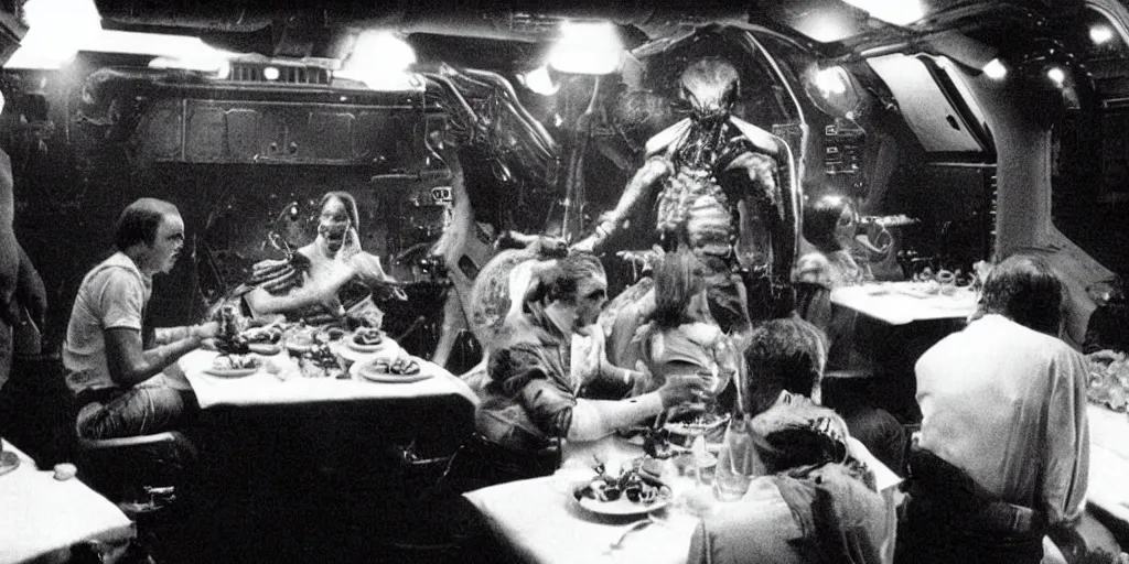 Image similar to a dinner scene within the Nostromo by Ridley Scott, Alien movie, grainy, bluish and cream tones