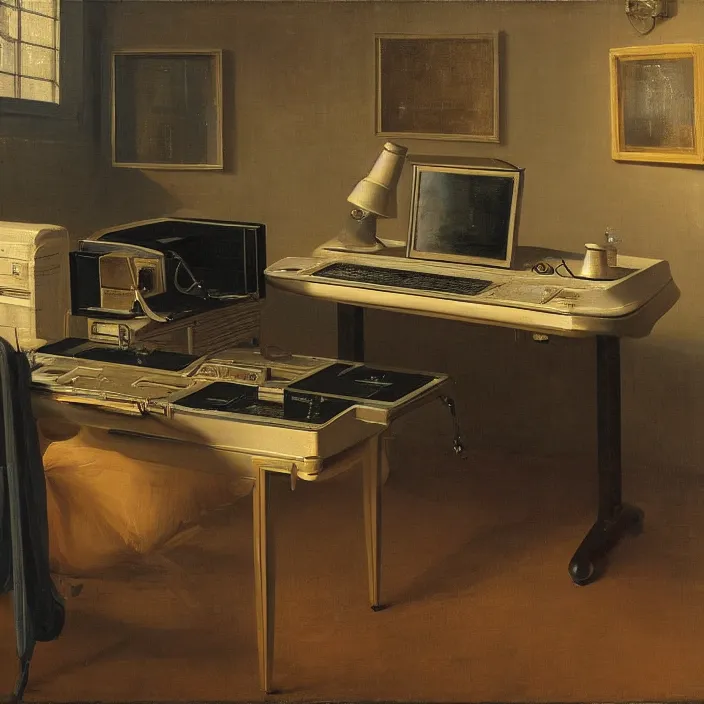 Prompt: still life painting of a retro electronics supercomputer desk workstation by pieter claesz, oil on canvas, strong lighting, highly detailed, hyper realism, golden hour, god rays, hd, 4 k