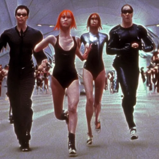 Image similar to The matrix, LeeLoo, Sprinters in a race, The Olympics footage, cinematic stillframe, french new wave, The fifth element, vintage robotics, formula 1