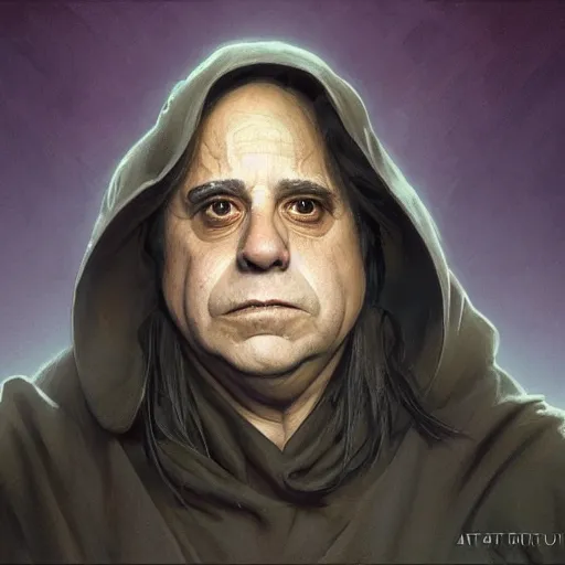 Image similar to Portrait of Danny DeVito, cloak, male, fantasy, extremely detailed, digital painting, artstation, concept art, smooth, sharp focus, illustration, stunning lighting, art by artgerm and greg rutkowski and alphonse mucha and simon stalenhag, realistic character concept, high fantasy, dark atmosphere, golden ratio, cinematic lighting, hyperdetailed, high resolution, insanely detailed and intricate, artstation, Marc Simonetti, Greg Rutkowski, 8k