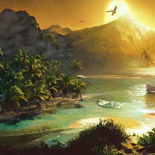 Prompt: The last lost island, game poster printed on playstation 2 video game box , Artwork by Craig Mullins, cinematic composition