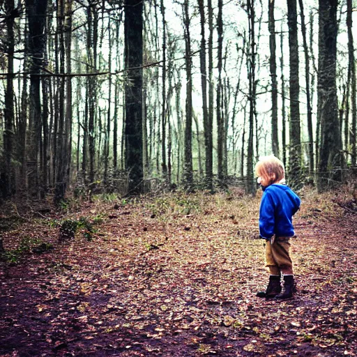 Image similar to A lost boy in the woods finds gingerbread crumbs, XF IQ4, 150MP, 50mm, f/1.4, ISO 200, 1/160s, natural light, Adobe Photoshop, Adobe Lightroom, DxO Photolab, Corel PaintShop Pro, rule of thirds, symmetrical balance, depth layering, polarizing filter, Sense of Depth, AI enhanced, sharpened, denoised