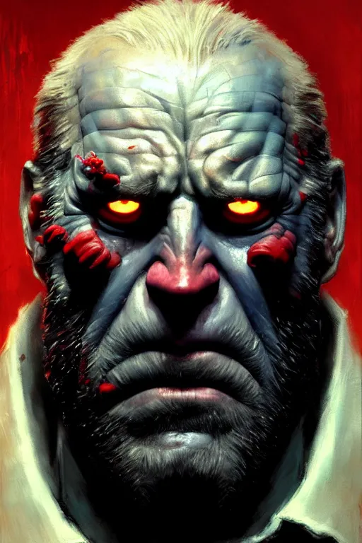 Prompt: extreme close up, facial portrait, joe biden as hellboy, stoic, grim dark, moody, portrait dnd, painting by gaston bussiere, craig mullins, greg rutkowski, yoji shinkawa