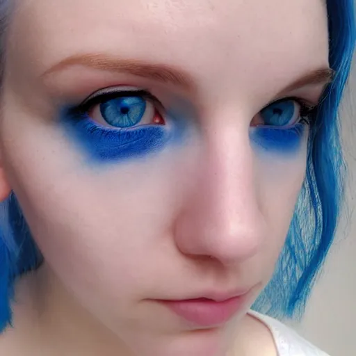 Image similar to a pale girl with piercing blue eyes and dyed blue hair, soft facial features, looking directly at the camera, neutral expression, instagram picture