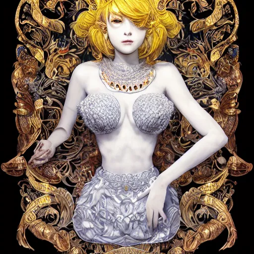 Image similar to the portrait of an absurdly beautiful, graceful, elegant, sophisticated, young idol made up of lemons, an ultrafine hyperdetailed illustration by kim jung gi, irakli nadar, intricate linework, bright colors, octopath traveler, final fantasy, unreal engine 5 highly rendered, global illumination, radiant light, detailed and intricate environment