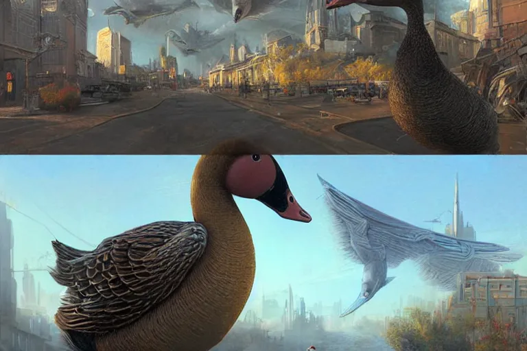 Image similar to A solarpunk very highly detailed anhtropomorphic Goose with very highly detailed face on the street of a very highly detailed solarpunk sci-fi city digital rational painting art by Greg Rutkowski, sci-fi highly detailed, digital concept art, Dimensional cyan gold natural light, sharp focus, Golden Ratio illustration, realistic concept art by Stephen Hickman and James Gurney and Hiromasa Ogura Ghost in the Shell rendered in Octane Render, From the distance