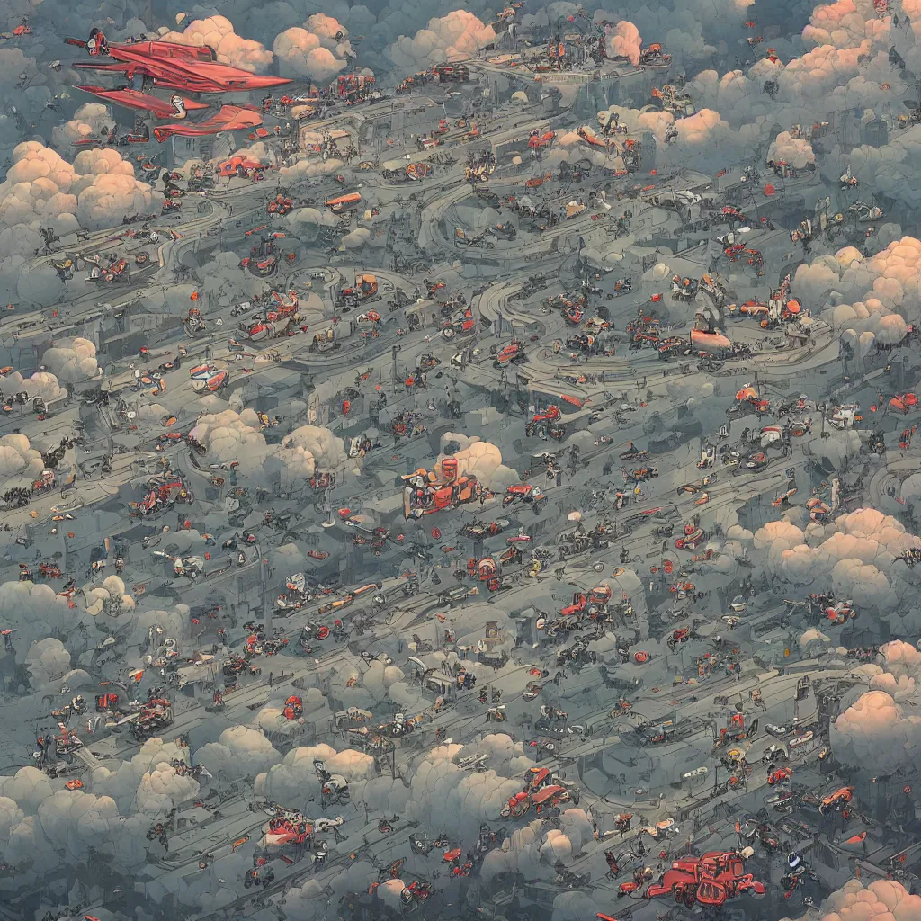 Prompt: a city in the clouds, a highway weaving through the clouds with a group of motorcycles riding down the road, by james jean