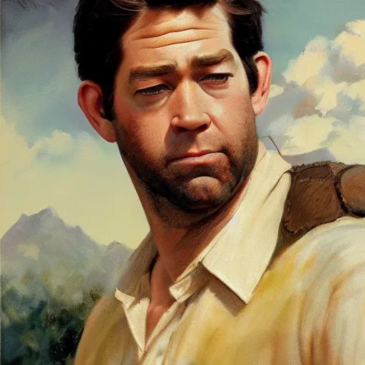 Image similar to ultra realistic portrait painting of john krasinski as farmer, art by frank frazetta, 4 k, ultra realistic, highly detailed, epic lighting