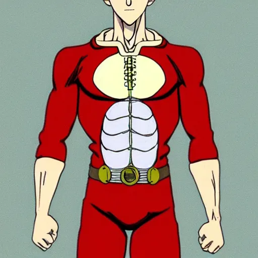 Image similar to anatomical, labelled, medical drawing of saitama, one punch man anime style