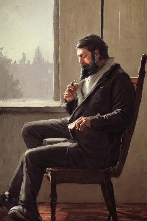 Image similar to portrait of a middle - aged writer with a beard, he is sitting on a chair, he is smoking a cigarette, style of greg rutkowski