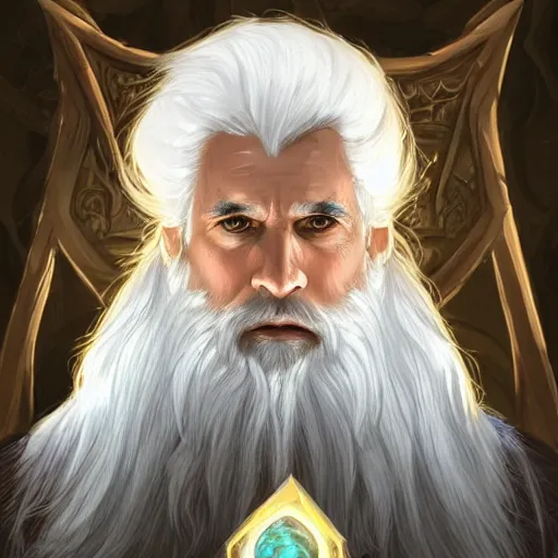 Image similar to a man with white hair and beard, wearing nomadic clothing holding a soul jar portrait, backlight, rim lighting, deep focus, d & d, fantasy, intricate, elegant, highly detailed, digital painting, artstation, concept art, matte, centered, sharp focus, illustration, hearthstone, art by artgerm, greg rutkowski and alphonse mucha