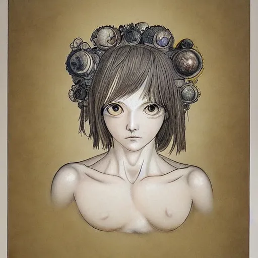 Image similar to prompt: Fragile looking vessel portrait face drawn by Katsuhiro Otomo, inspired by Carlo Dolci, magical and alchemical objects on the side, soft light, white background, intricate detail, intricate ink painting detail, sharp high detail, manga and anime 2000