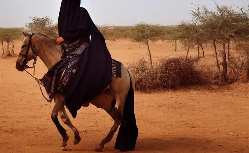 Image similar to beautiful burqa's woman, riding a horse!!! in saharan, sharp eyes, handling riffle on chest, shooting pose, perfect posture, dust, cinematic, dynamic pose, pinterest, center of interest