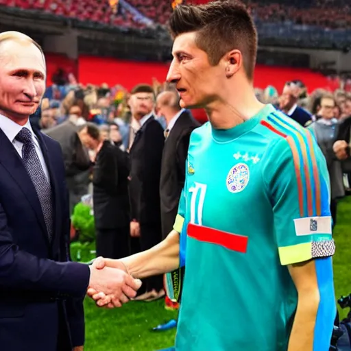 Prompt: robert lewandowski shaking hands with vladimir putin