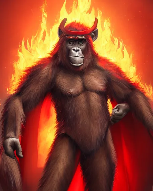 Image similar to fury art, an anthro ape wearing a large cape and a fantasy armor, fire, ice, fiery background, 3 d, 8 k, extremely detailed, trending on furaffinity, trending on artstation, award winning, sharp focus, illustration