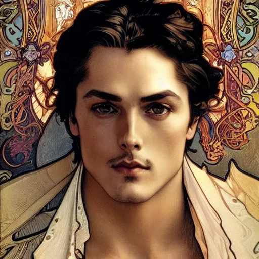 Prompt: realistic detailed face portrait of handsome Alain Delon by Alphonse Mucha, Ayami Kojima, Amano, Charlie Bowater, Karol Bak, Greg Hildebrandt, Jean Delville, and Mark Brooks, Art Nouveau, Neo-Gothic, gothic, rich deep moody colors