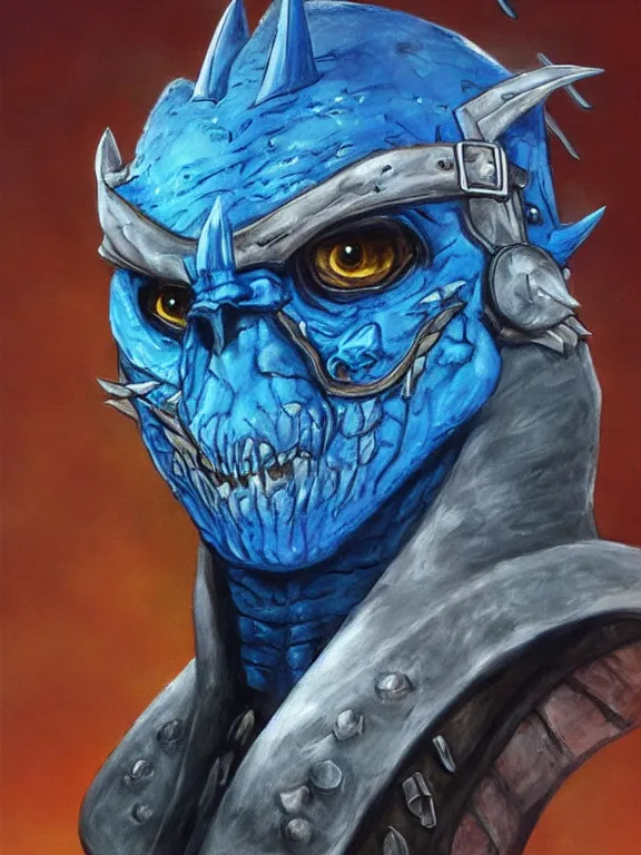 Image similar to art portrait of blue Dragonborn pirate, leather armour, by Larry Elmore ,trending on DeviantArt,face enhance,minimalist, dungeons and dragons,full of colour,