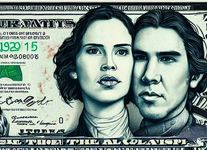 Image similar to reylo kissing, american dollar bill