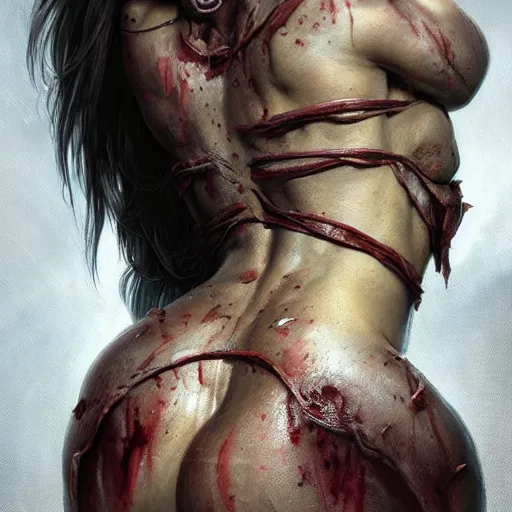 Image similar to portrait painting of a muscular bloodied dark nepali female butcher back, ultra realistic, concept art, intricate details, eerie, highly detailed, photorealistic, octane render, 8 k, unreal engine. art by artgerm and greg rutkowski and alphonse mucha