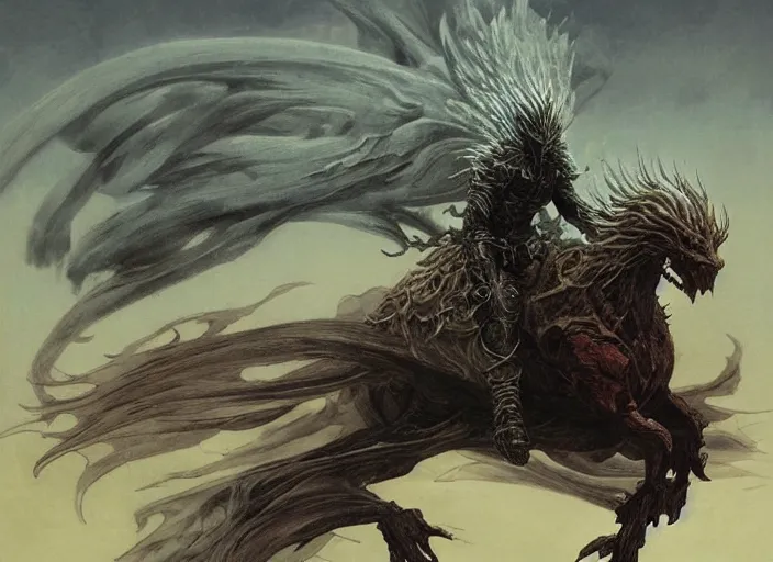 Prompt: nameless king riding a giant dark phoenix, storm king, beksinski, wayne barlowe, ruan jia, dark soul concept art