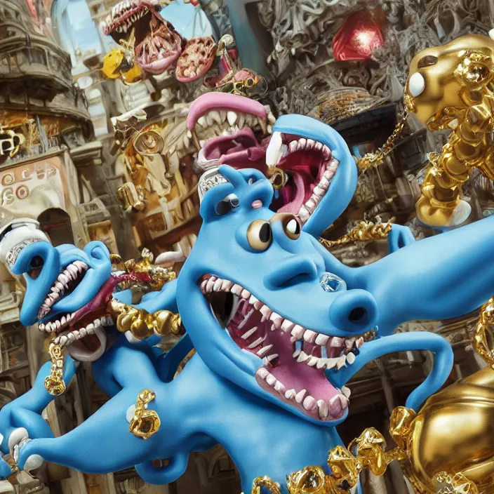 Image similar to jeff koons hip hop style street sharks wearing diamond grillz and a ton of bussdown iced gold bling in wallace & gromit claymation, ultra realistic, concept art, intricate details, serious, highly detailed, photorealistic, octane render, 8 k, unreal engine, art by todd mcfarlane and artgerm and greg rutkowski and alphonse mucha