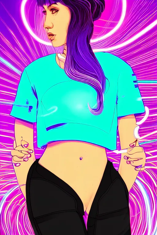 Image similar to a award winning half body portrait of a beautiful woman in a croptop and cargo pants with ombre purple pink teal hairstyle and hands in pockets by ari liloan, surrounded by whirling illuminated lines, outrun, vaporware, shaded flat illustration, digital art, trending on artstation, highly detailed, fine detail, intricate