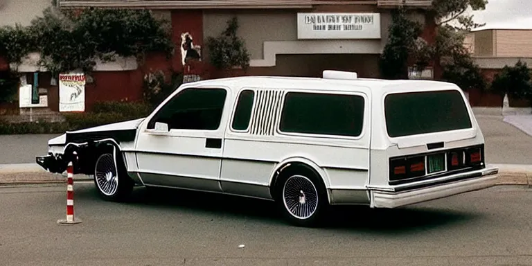 Image similar to Photorealistic cinematography of the rear of a the “Back To The Future Time Machine” from the film “Back To The Future” + reversing down a ramp out of Doc Browns “1984 white GMC Value Van” at night + filmed on location at ultra photorealistic “Back To The Future” “Twin Pines Mall” parking lot Set located at Puente Hills Mall, 1600 South Azusa Avenue, City of Industry, California At night By “Back To The Future” Cinematographer Dean Cundey at night 5