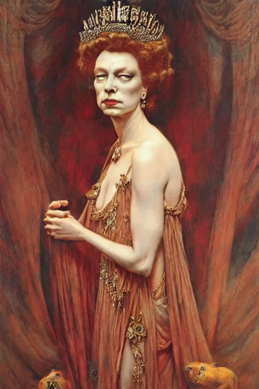 Image similar to a portrait of queen Elizabeth by wayne barlowe, gustav moreau, goward,  Gaston Bussiere and roberto ferri, santiago caruso, and austin osman spare, ((((occult art))))