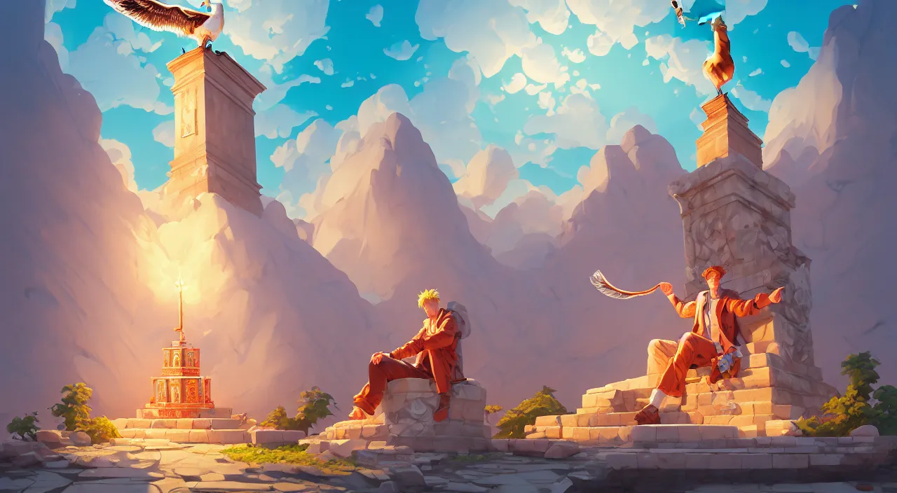 Image similar to painting of antic sitting seagull statue and hill valley Nordic temple of olympus glory hogweed plant grow flower ,in marble incrusted of legends heartstone official fanart behance hd by Jesper Ejsing, by RHADS, Makoto Shinkai and Lois van baarle, ilya kuvshinov, rossdraws global illumination