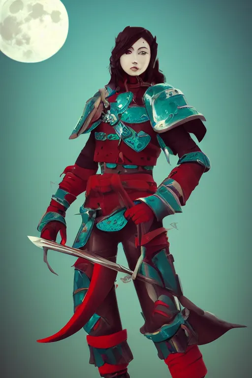 Image similar to female adventurer in tight full - body teal leather armor of japanese design with red accents and a white porcelain crow mask, trending in artstation, japanese, artstation, big moon in the background, establishing shot