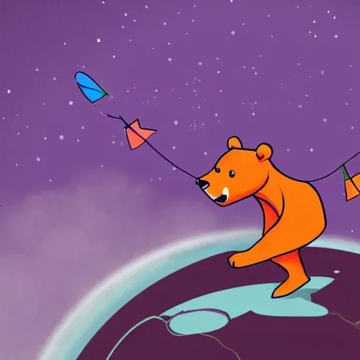 Image similar to cartoon illustration of a bear mascot being launched from a futuristic marble planet, purple and orange cloudland