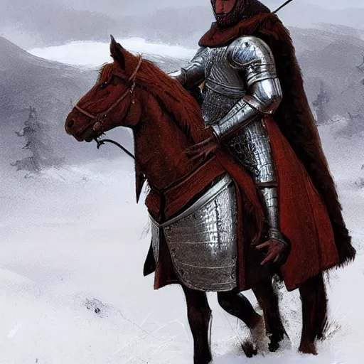 Image similar to “Two medieval knights wearing furs on horseback in the snow in the middle of the mountains, snow storm, fantasy, highly detailed, digital painting, artstation, concept art, illustration, art by Greg Rutkowski and Marc Simonetti