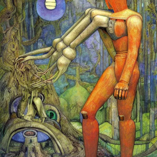 Prompt: the robot on her forest throne, by Annie Swynnerton and Diego Rivera, symbolist, dramatic lighting, elaborate geometric ornament, Art Brut ,god rays, soft cool colors,smooth, sharp focus, extremely detailed, Adolf Wölfli